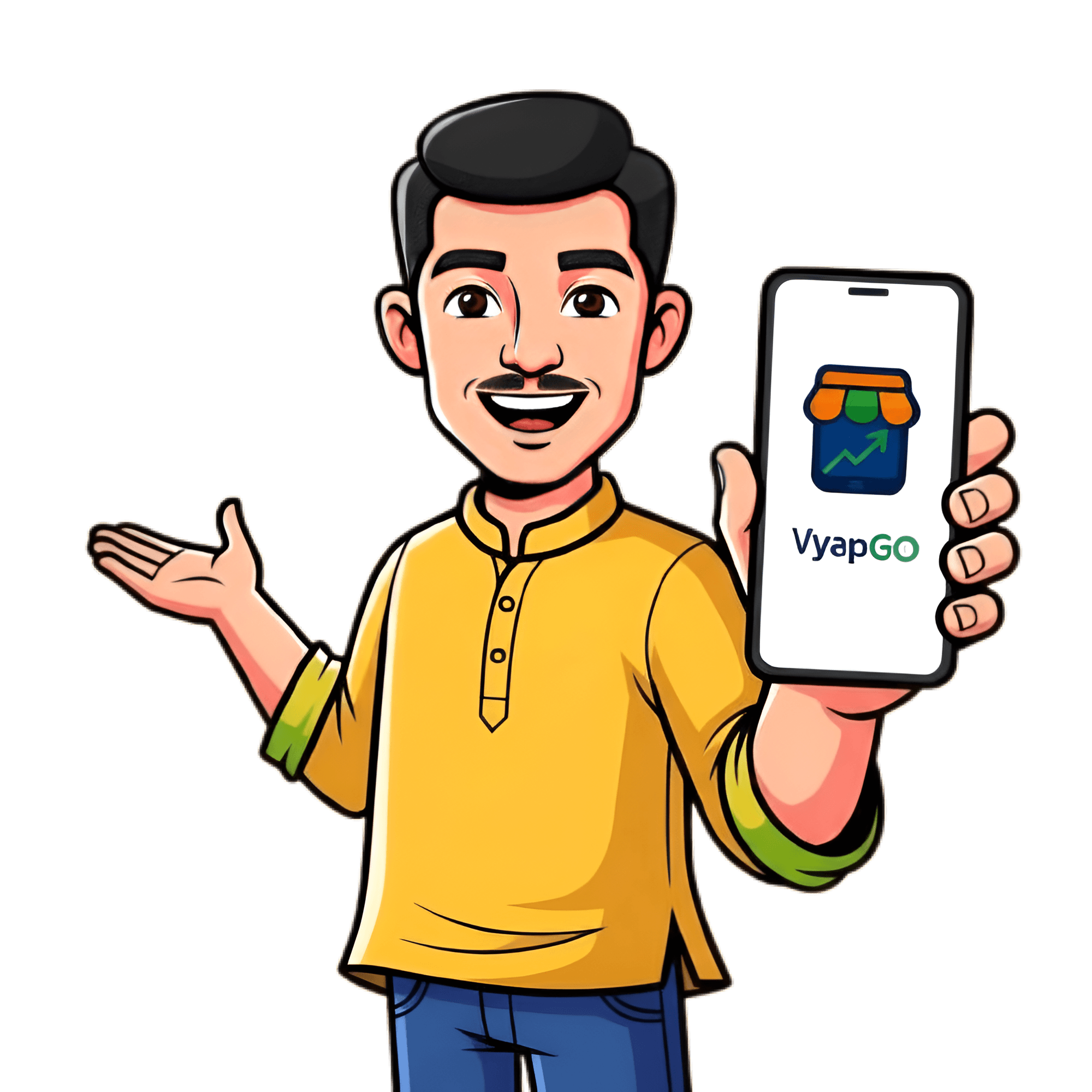Happy Indian shopkeeper with VyapGO logo on mobile and Copilot device